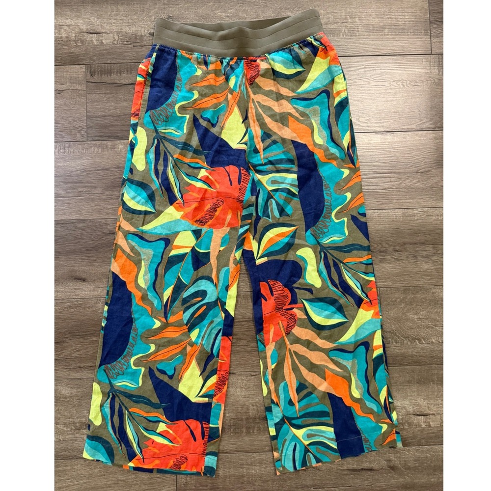 Soft Surroundings 100% Linen Tropical Print Wide Leg Pants Womens Medium